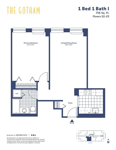 Floor plan for 1 bed, 1 bath, 756 sqft
